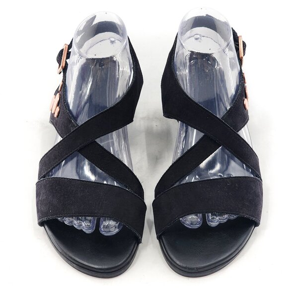 ARCHE Obos Nubuck Rose Gold Studs Criss Cross Slingback Sandals Black - Picture 4 of 7